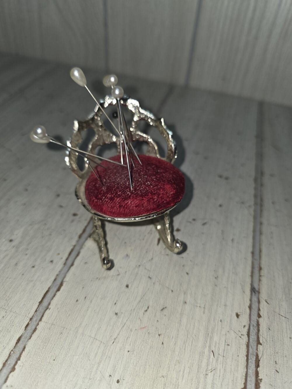 Vintage Victorian Metal Rocking Chair Pin Cushion 2.5" W/Pins Sewing Crafting